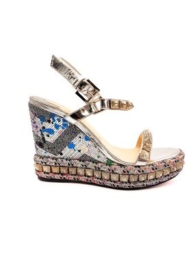 Christian Louboutin Sequin Silver Studded Platform Sandals EU 37
